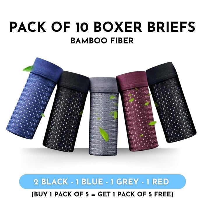 Boxhero – Pack Of 10 Bamboo Fiber Boxer Briefs Buy 5 Get M / 2 Black - 1 Blue Red Grey (10 Pcs)