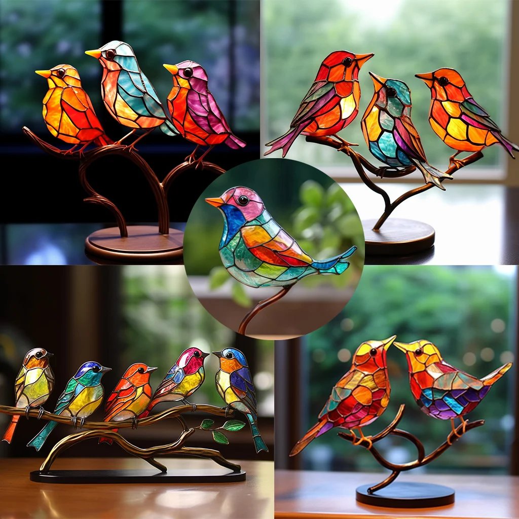 Acrylic Birds On Branch Desktop Ornaments All-In-One Bird Decor Set