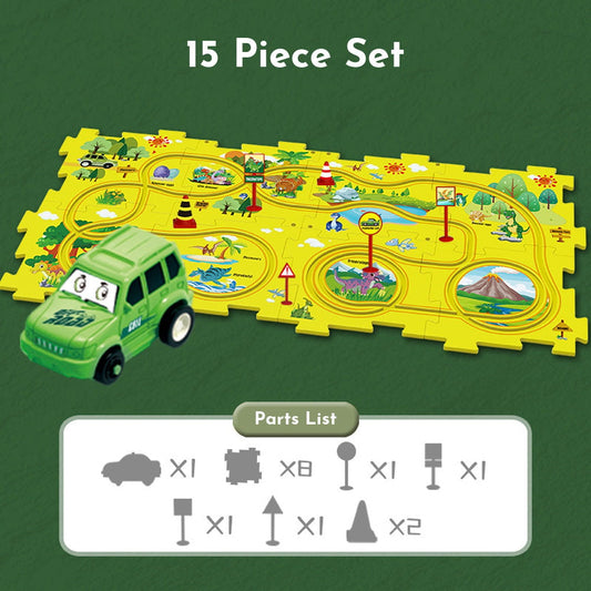 Puzzleracer Kids Car Track Set Dinosaur / 15 Piece